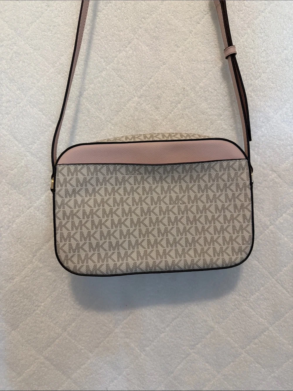 Michael Kors Beige and Pink Logo Crossbody with Gold Chain